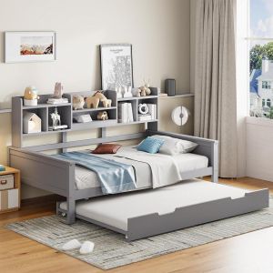Sofá cama 90x200 cm, madera maciza, almacenaje, gris