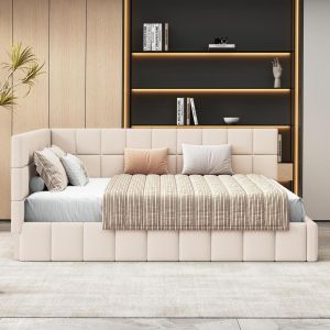 Sofá cama con reposabrazos, somier reversible, 160x200cm beige