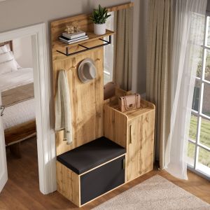 Mueble recibidor espejo banco zapatero armario negro natural 185x100x38cm