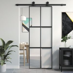 Puerta corredera vidrio templado y aluminio negra 76x205 cm esxt5358