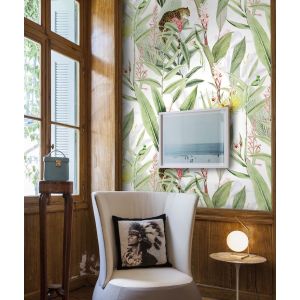 Papel pintado selva tropical verde y blanco chic
