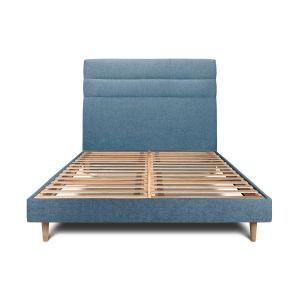 Cama 135x190 cm con cabecero en línea - tejido lienzo mate - azul océano
