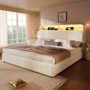 Cama tapizada 180x200 cm con canapé, LED y carga usb terciopelo – beige