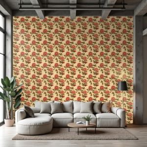 Papel pintado floral diseño retro camelias rojo fondo beige 60cm por 300cm