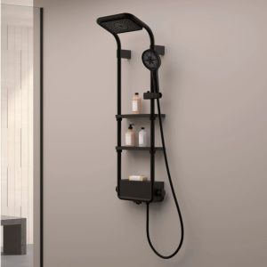 Columna de baño y ducha termostática con repisas negro kaia