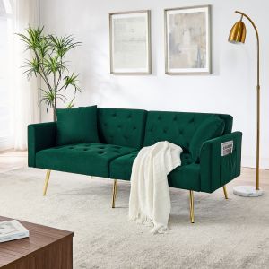 Sofá 2 plazas de terciopelo verde con respaldo ajustable y 2 cojines