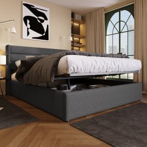 Cama tapizada 180x200cm con canapé hidráulico lino – gris