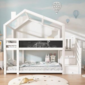 Cama loft infantil blanca 90x200cm, casita árbol, 3 huecos sin colchón