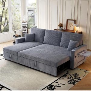 Sofá cama en l modular pana gris con almacenaje y portavasos