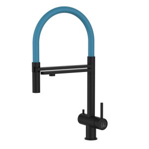 Grifo cocina 3 vías acero inox ducha 2 chorros amovible, negro / azul claro