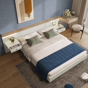 Cama doble 160x200cm con LED y puerto usb madera – blanco y roble