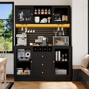 Armario alto para cocina salón con LED botellero negro 185,7x140x40cm