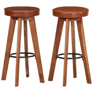 vidaXL taburetes de cocina 2 uds cuero auténtico madera maciza acacia