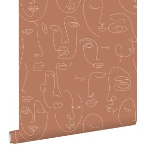 Estahome papel pintado caras line art rojo barro cocido 53 cm x 10.05 m