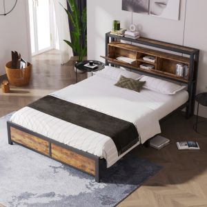 Cama metálica 140x200cm con cabecero con almacenaje metal y mdf – natural