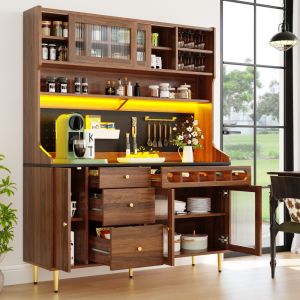 Aparador alto para cocina salón con LED y botellero nogal 171x145x39cm