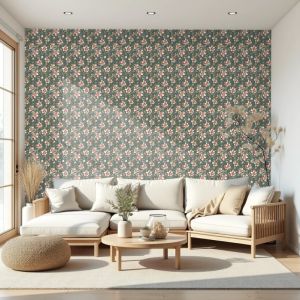 Papel floral artístico flores rosa fondo verde oscuro 60cm por 300cm