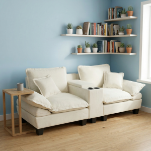 Sofá modular chenilla beige 2 plazas con almacenaje usb y otomana