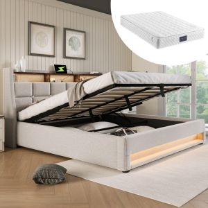 Cama tapizada 140x200cm LED usb y almacenaje beige con colchón
