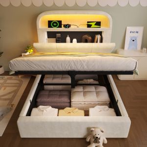 Cama tapizada 90x200cm canapé LED usb terciopelo beige con colchón