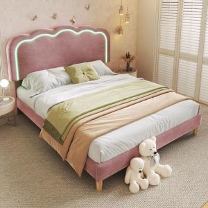Cama tapizada terciopelo 140x200cm cabecero LED ajustable rosa