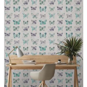 Papel pintado gaulan  de mariposas vintage verde turquesa con 5.33m²