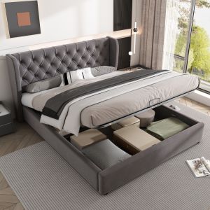 Cama con canapé abatible 140x200cm tapizada en terciopelo – gris