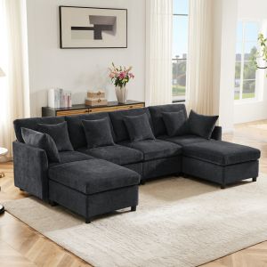 Sofá modular en l o en u chenilla gris 5-6 plazas 2 reposapiés 6 cojines
