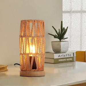 Lámpara beja ratán natural, boho vintage, base madera, E27
