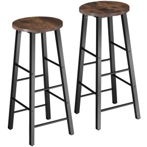 2 taburetes altos industriales de acero, altura 72,5cm, madera oscura