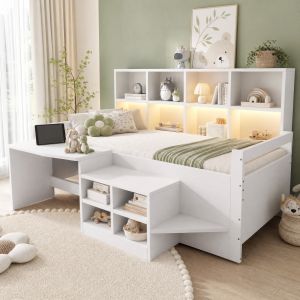 Cama infantil 90x200cm con escritorio y almacenaje madera – blanco