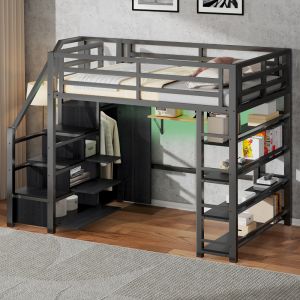 Litera alta 140x200cm con armario, estantería y luz LED metal y mdf – negro