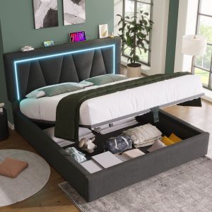 Cama tapizada 160x200 cm con LED, usb, tipo c y canapé de lino – gris