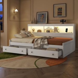 Cama diván 90x200cm con LED, 2 usb, 2 enchufes y 2 cajones, blanco