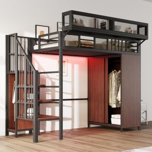 Cama alta 90x200cm con armario, escalera y LED metal y madera – color negro