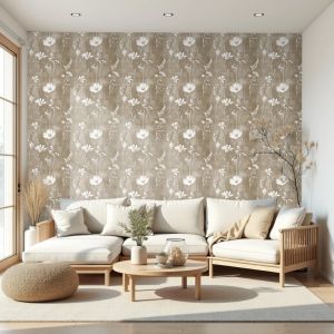 Papel floral elegante flores blancas fondo marrón cálido 60cm por 300cm