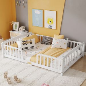 Cama 140x200cm con barandillas y acceso central madera de pino – blanco