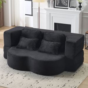 Sofá cama de suelo curvo tela negro 2 plazas con 4 cojines