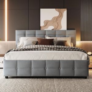 Cama abatible con almacenaje 180x200cm tapizada terciopelo gris
