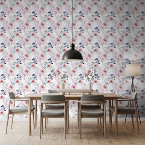 Papel pintado floral acuarela flores silvestres color rosa 60cm por 300cm