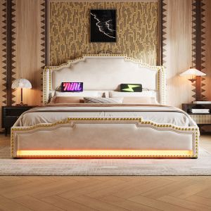 Cama tapizada 140 x 200,4 cajones,terciopelo, beige, sin colchón