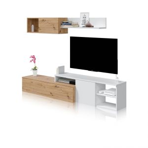 Salón con mueble de tv y módulo superior 221 cm kate blanco - roble nodi