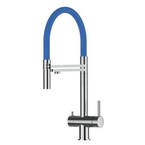 Grifo de cocina 3 vías acero inox ducha 2 chorros amovible, pulido / Azul