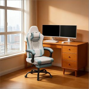 Silla oficina ergonómica azul blanco con masaje y reposapiés