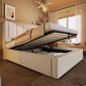 Cama tapizada,90x200,portavasos ocultos,beige,incluye colchón