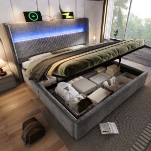 Cama tapizada 140x200cm canapé LED usb lino gris con colchón
