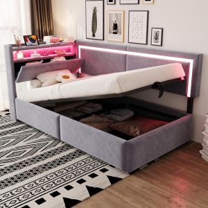 Cama con almacenaje hidráulico LED usb 90x200cm gris oscuro
