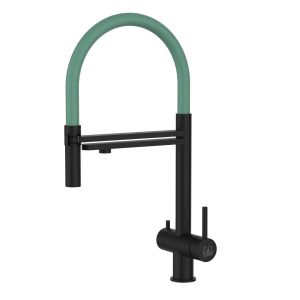 Grifo cocina 3 vías acero inox ducha 2 chorros amovible, negro / turquesa
