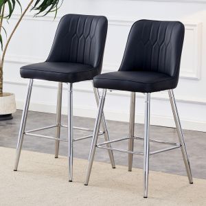 Taburete de bar pu negro metal plateado set 2 reposapiés