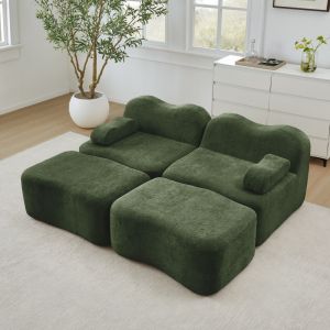 Sofá modular 2 plazas terciopelo verde con 2 otomanas